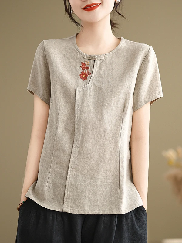 

Женская хлопково-льняная футболка с вышивкой, дышащая, летняя, модная, с защитой от солнца, круглый вырез, стандартная длина