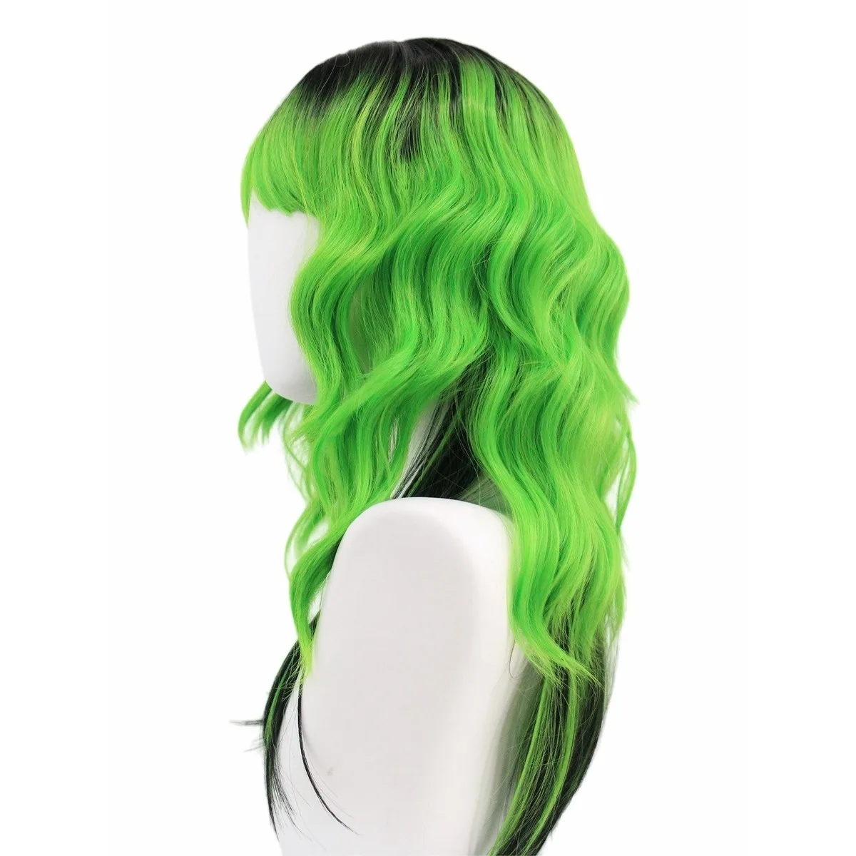 Black to Green Ombre Wavy Synthetic Wig with Bangs, Long Hair for Halloween, Cosplay and Themed Parties view 4