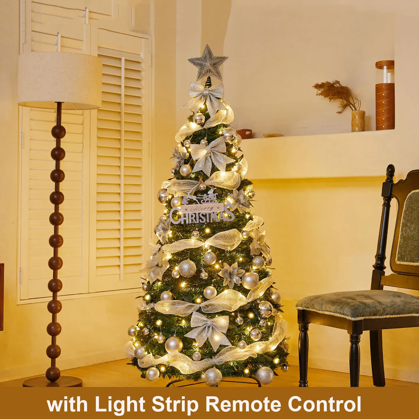 Arbre artificiel rétractable pliable, arbre décoratif de noël de 1.8m, décoration du nouvel an avec télécommande à bande lumineuse