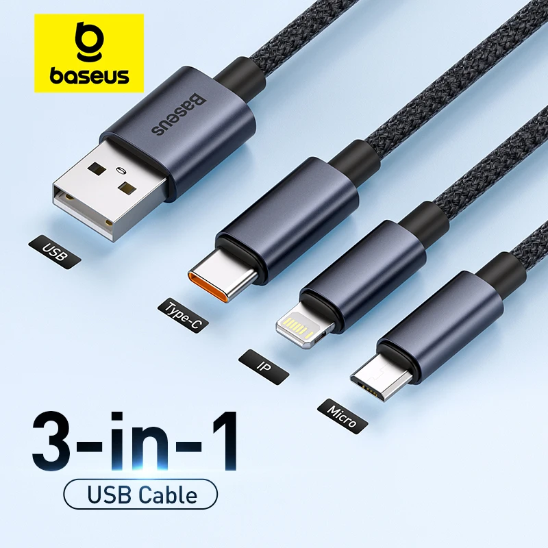 Baseus 3 in 1 USB Type C Fast Charging Cable 3.5A Quick Charge Phone Data Line Cord For Iphone 15 14 Xiaomi Huawei USB C