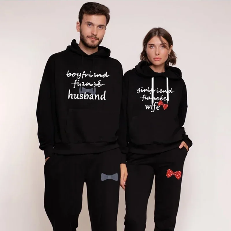 Couple Outfits Hoodie Jogging Pants 2PCS High Quality Husband Wife Printed Men Women Daily Casual Sport Suit Lover Tracksuit