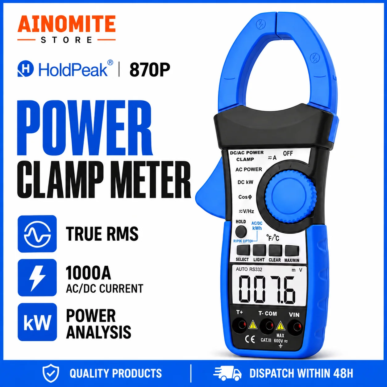 1000A AC/DC True RMS Clamp Meter Power Analyzer, Digital Clamp Multimeter kW kWh PF Voltage Current Hz Temperature Tester