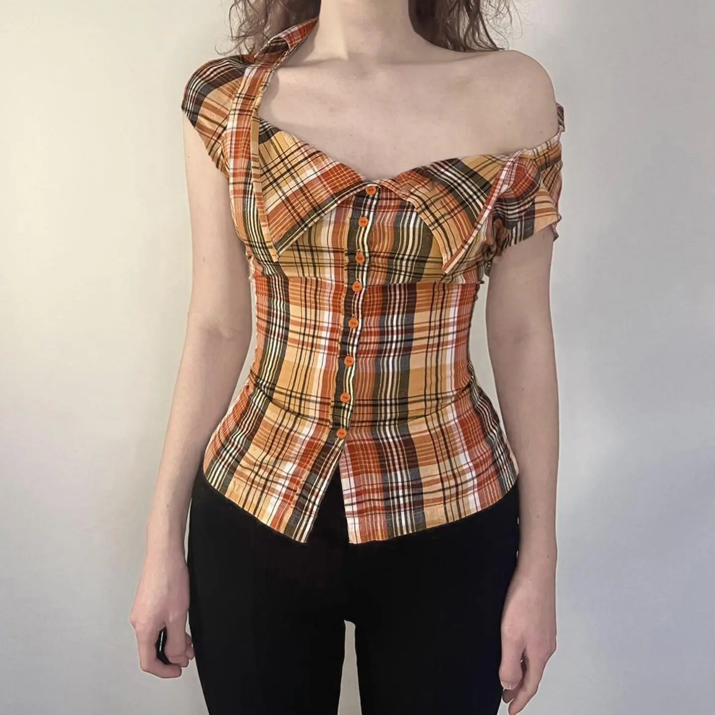 

French Lapel Lace-up Breasted Plaid Shirt Waist Slim-fitting Short-sleeved Top Women