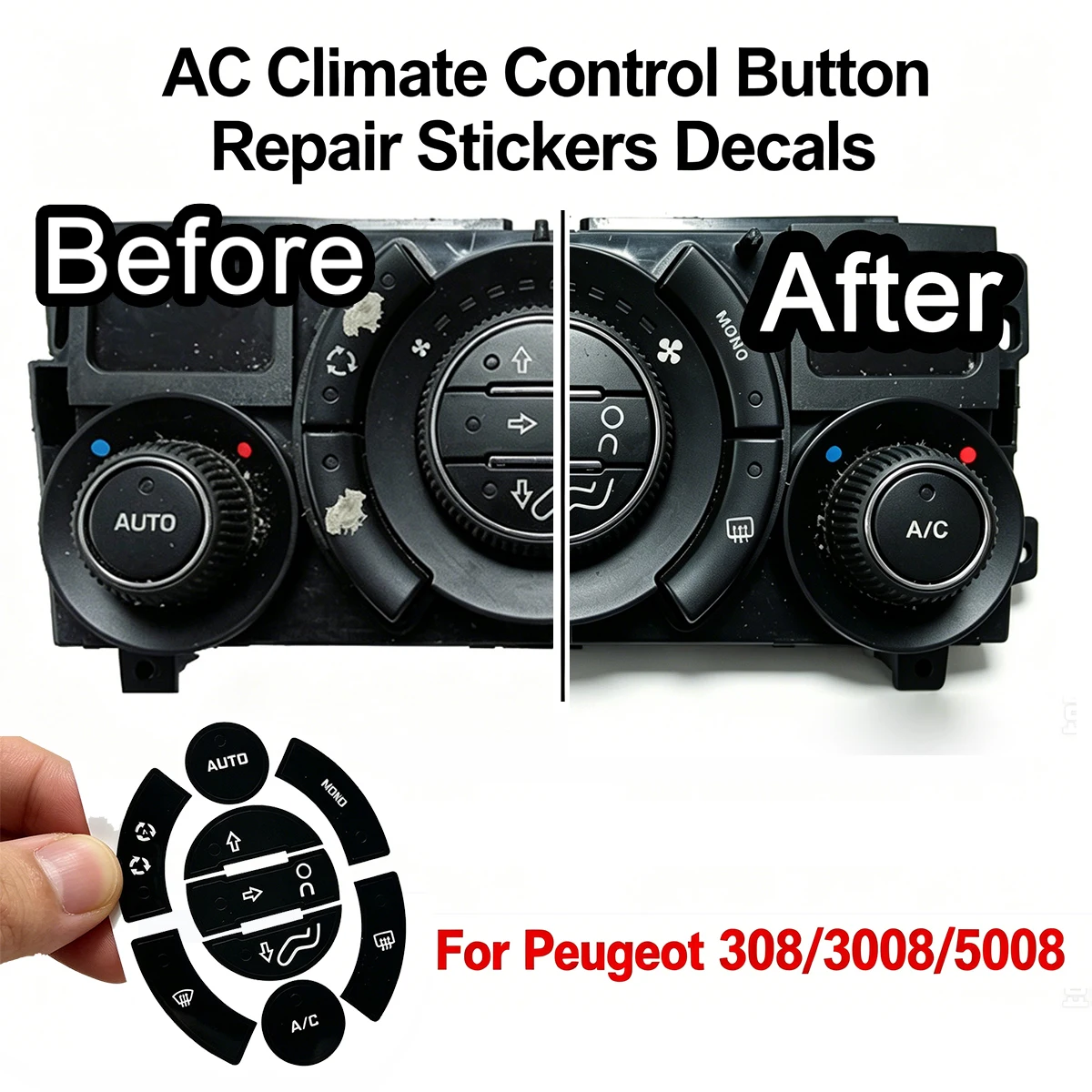 For Peugeot 308 3008 5008 AC Panel Button Stickers Decals Worn Fix Overlay Repair Solution