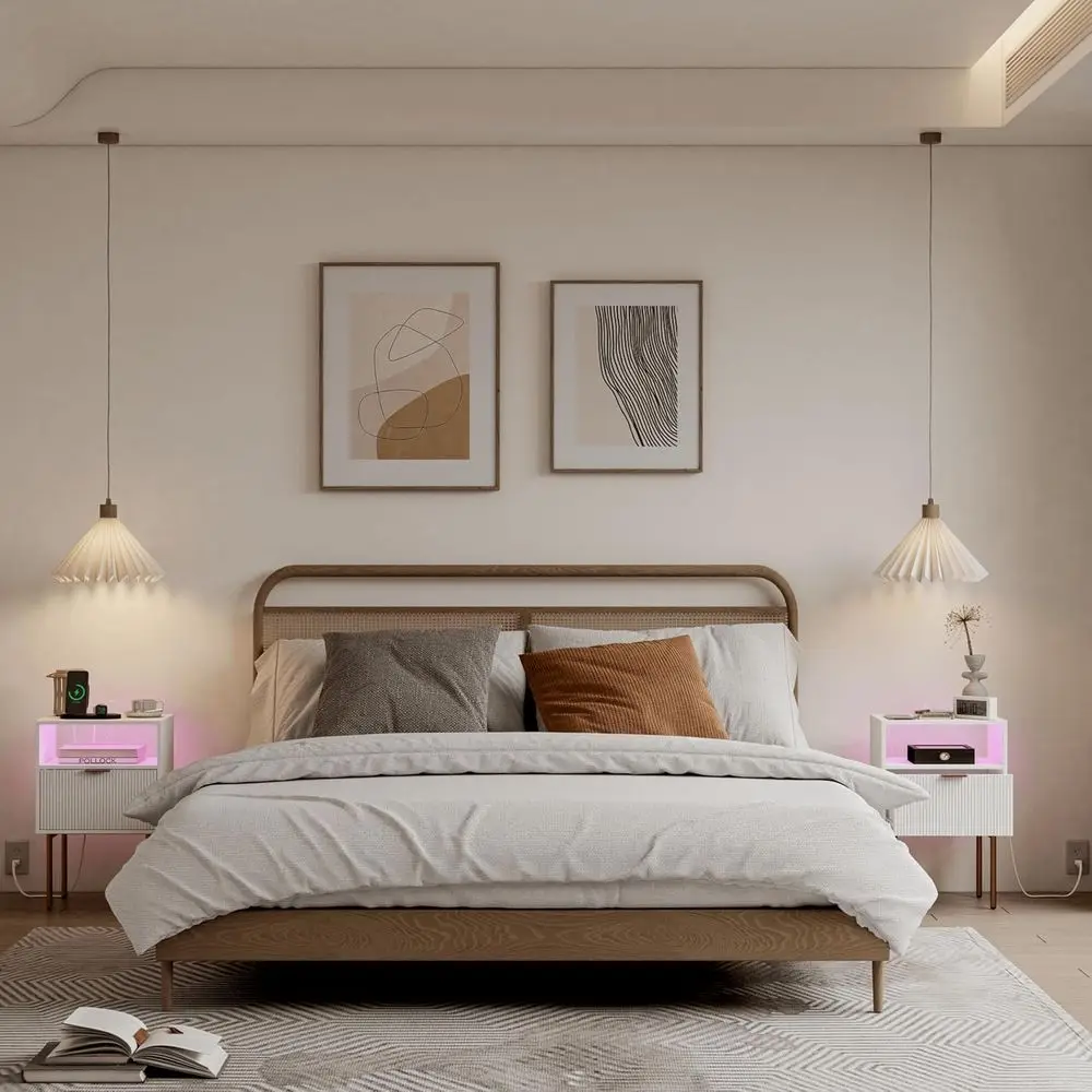 Mesita de noche blanca con base de carga y cajón para dormitorios modernos y espacios habitables