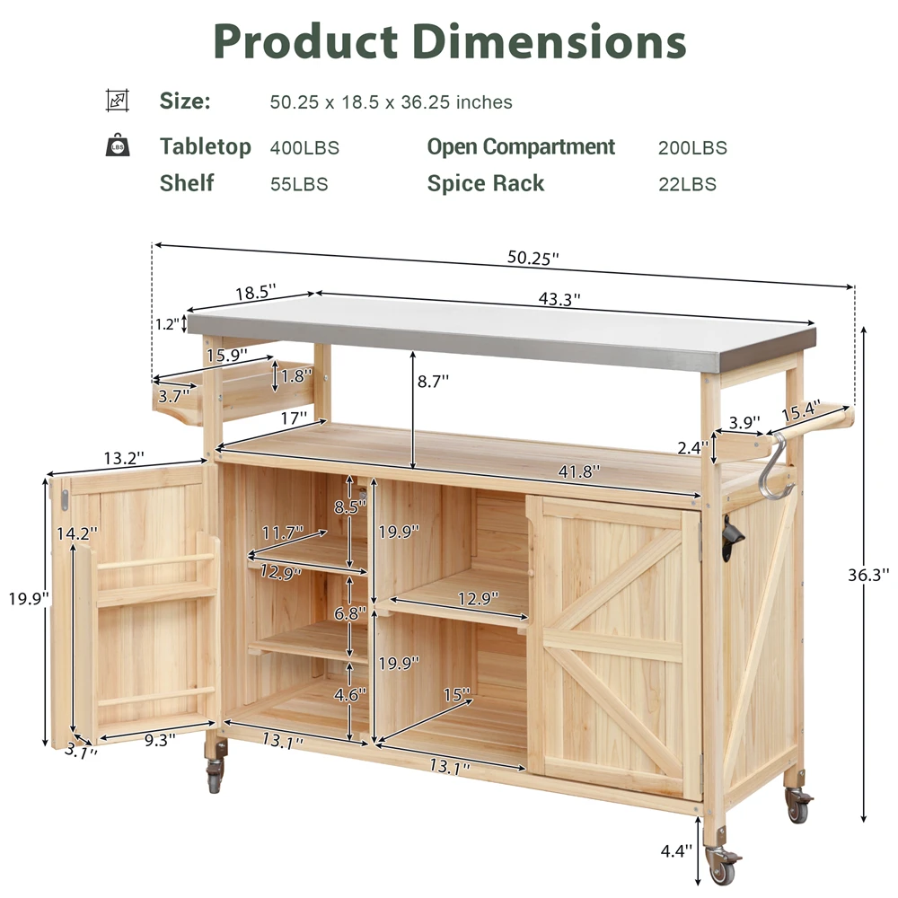 Kitchen Island, Rolling Bar Cart & Storage Cabinet, Farmhouse Solid Wood Outdoor Grill Table with Stainless Steel Kitchen Island