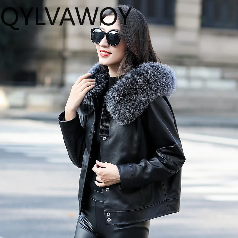 QYLVAWOY 2025 hiver nouveau manteau de fourrure en peau de mouton véritable pour femme col de fourrure de renard doudoune courte chaude haut de gamme élégant vêtements d'extérieur LJ2697