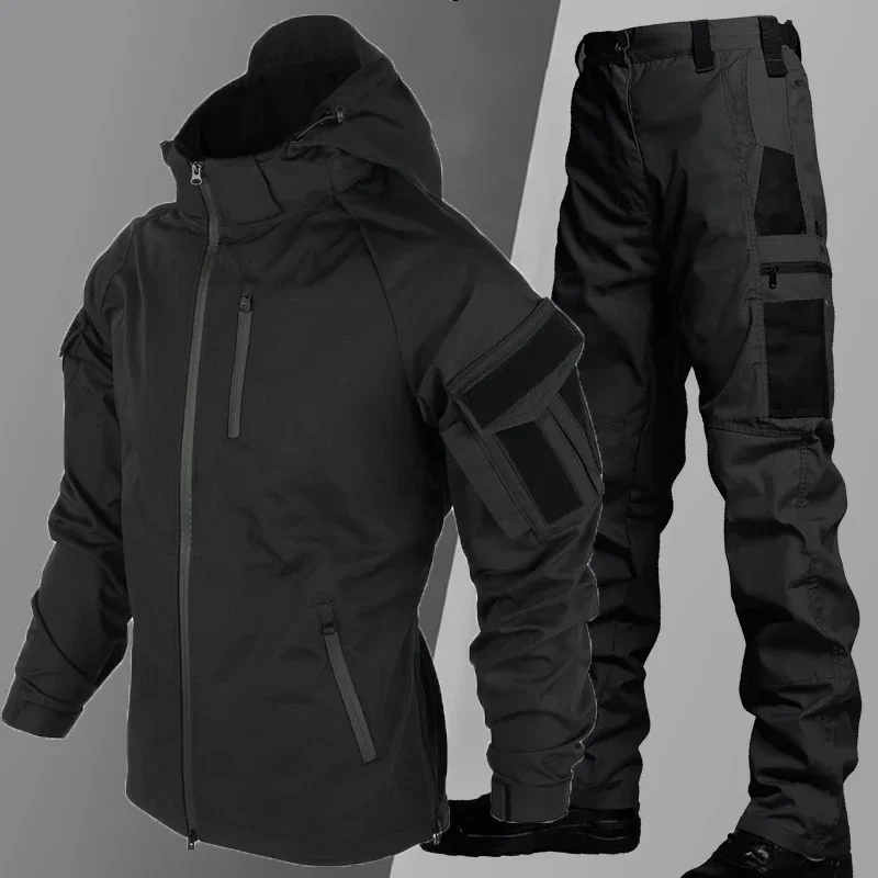 Waterproof Tactical Sets Men Autumn Multi-pocket Bomber Jackets+Wear-resistant Cargo Pant 2 Pcs Suits Military Hooded Combat Set