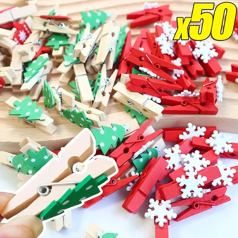 10-20PCS Christmas Tree Elk Wood Clips Snowflake Mini Wooden Clothespins Photo Frame Paper Pegs New Year DIY Craft Clips