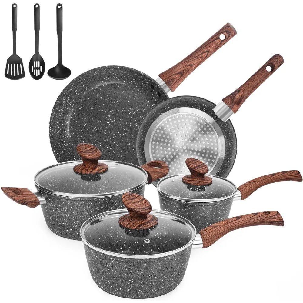 

Granite Pots and Pans Set Ultra Nonstick, 11 Piece Die-Cast Cookware Sets with Frying Pan, Sauce Pan, Stockpot, Stay Cool Handle