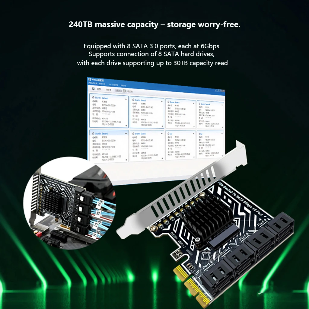 PCIe 3.0 X2 To 8x SATA III 6Gbps Adapter Card with 120mm/80mm Low Profile Bracket For ITX ATX Chassis PCI-E SATA Expansion Card