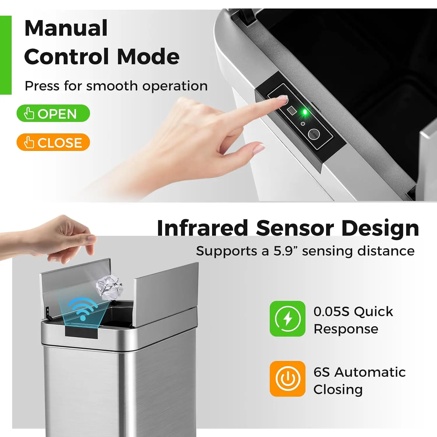 ^Motion Sensor Trash Can, 13.2 Gal Slim Kitchen Trash Can with Wing Lids, Infrared Automatic Touchless Waste Bin Stainless