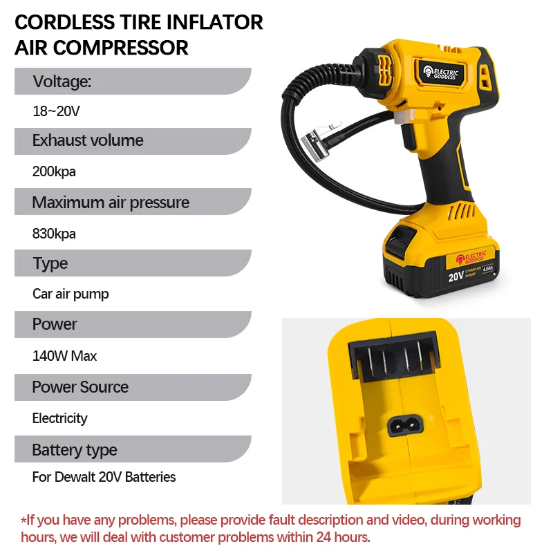 EGOD 830kpa Cordless Tyre Inflator Air Compressor with Digital Display 140W Electric Inflator Pump for Dewalt 20V Battery