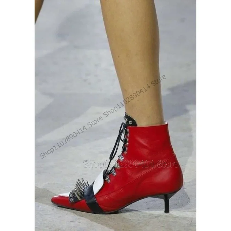 

Metal Spikes Tassels Mixed Color Pointed Toe Ankle Boots Cross Tied Women Shoes Thin High Heels Fashion 2025 Zapatos Para Mujere