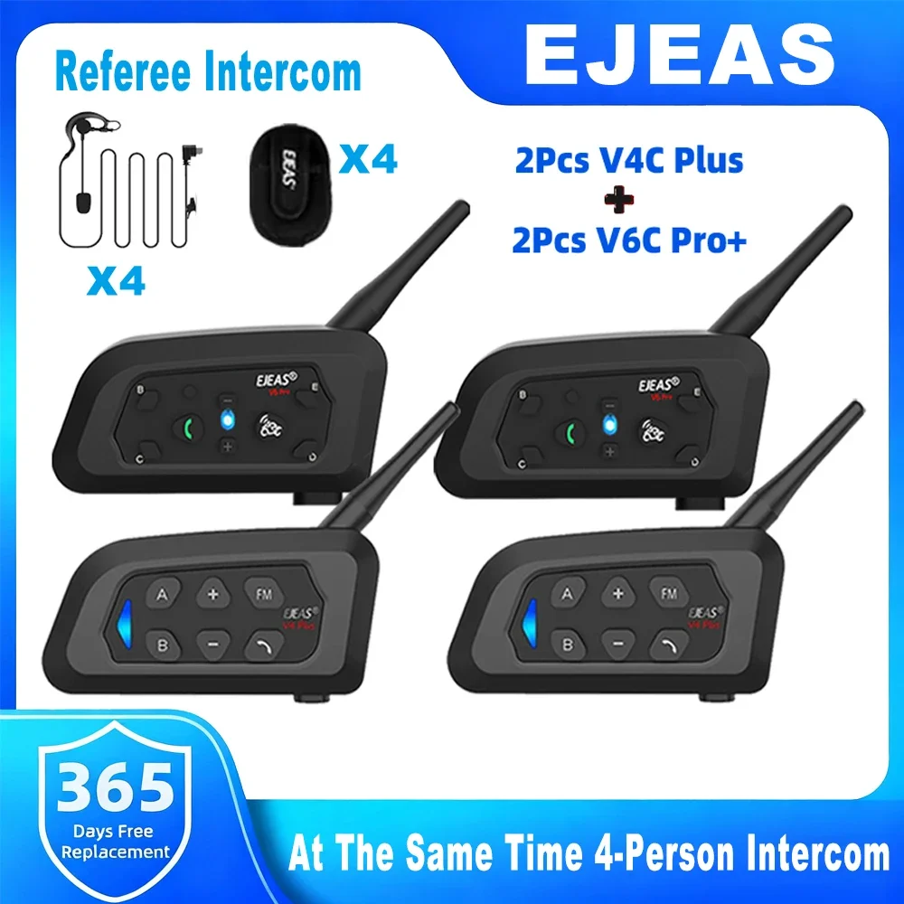 EJEAS V4C PLUSx2 +V6C PROx2 Football Referee Intercom Support 4 User Group Talking 1200M Bluetooth 5.1 HD Sound Noise Reduction