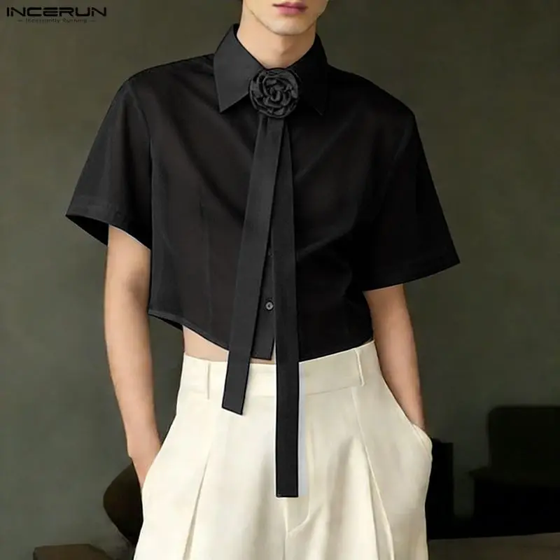 INCERUN Men's Shirt Mesh Patchwork Flower Lapel Short Sleeve Men Clothes Streetwear See Through 2026 Fashion Crop Tops For Man