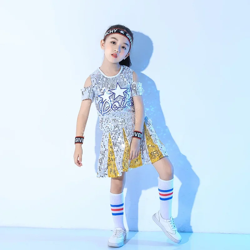 Nuevos trajes de porristas modernos para baile de Jazz para niños, trajes de baile callejero con lentejuelas para niños y niñas, trajes de baile de Jazz de Hip-hop