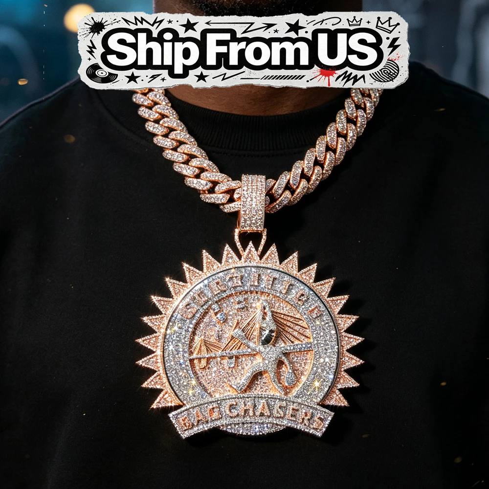 Iced Sunburst Bag Chasers Pendant Two Tone Rose Gold Silver Cubic Zirconia 18K Gold Plated Hip Hop Bling Cuban Chain Necklace Accessories Fine Jewelry Gifts for Men Boy Friends Rapper Streetwear Bold Statement Jewelry Full Sparkle Luxury Full Diamond Gift