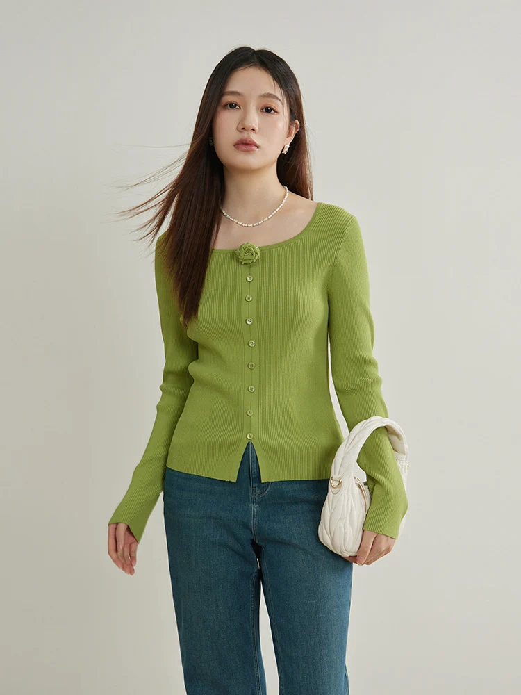 DUSHU Simple Sweet Knitted Bottom Shirt 2024 Spring New Comfortable Slimming Top For Women Green Beige Pink Tops 24DS81240