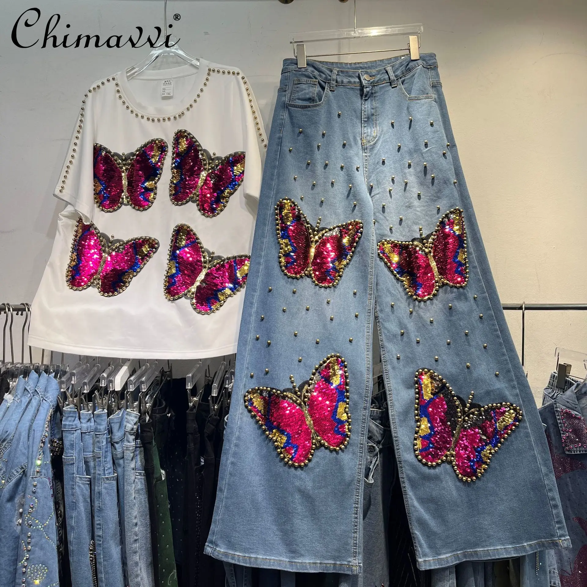 

European 2025 Summer New Heavy Butterfly Sequin T-Shirt + Straight Nail Bead Wide Leg Jeans Two-piece Set High Street Pant Sets