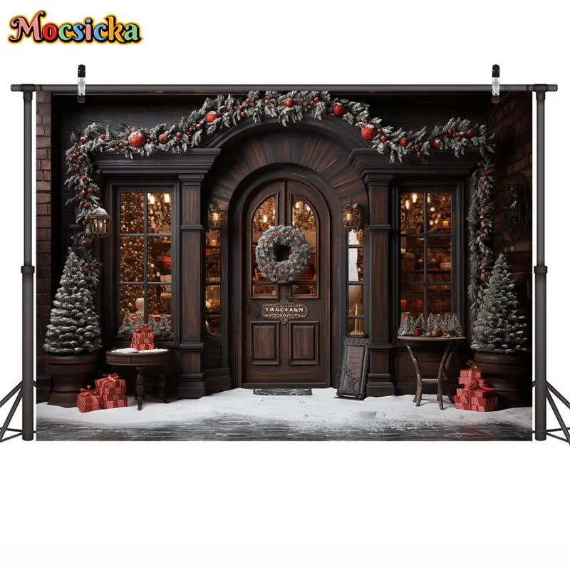 Christmas Store Old Street Backdrop for Photography Winter Snow Xmas Tree Wreath Decoration Kids Adult Portrait Photo Background