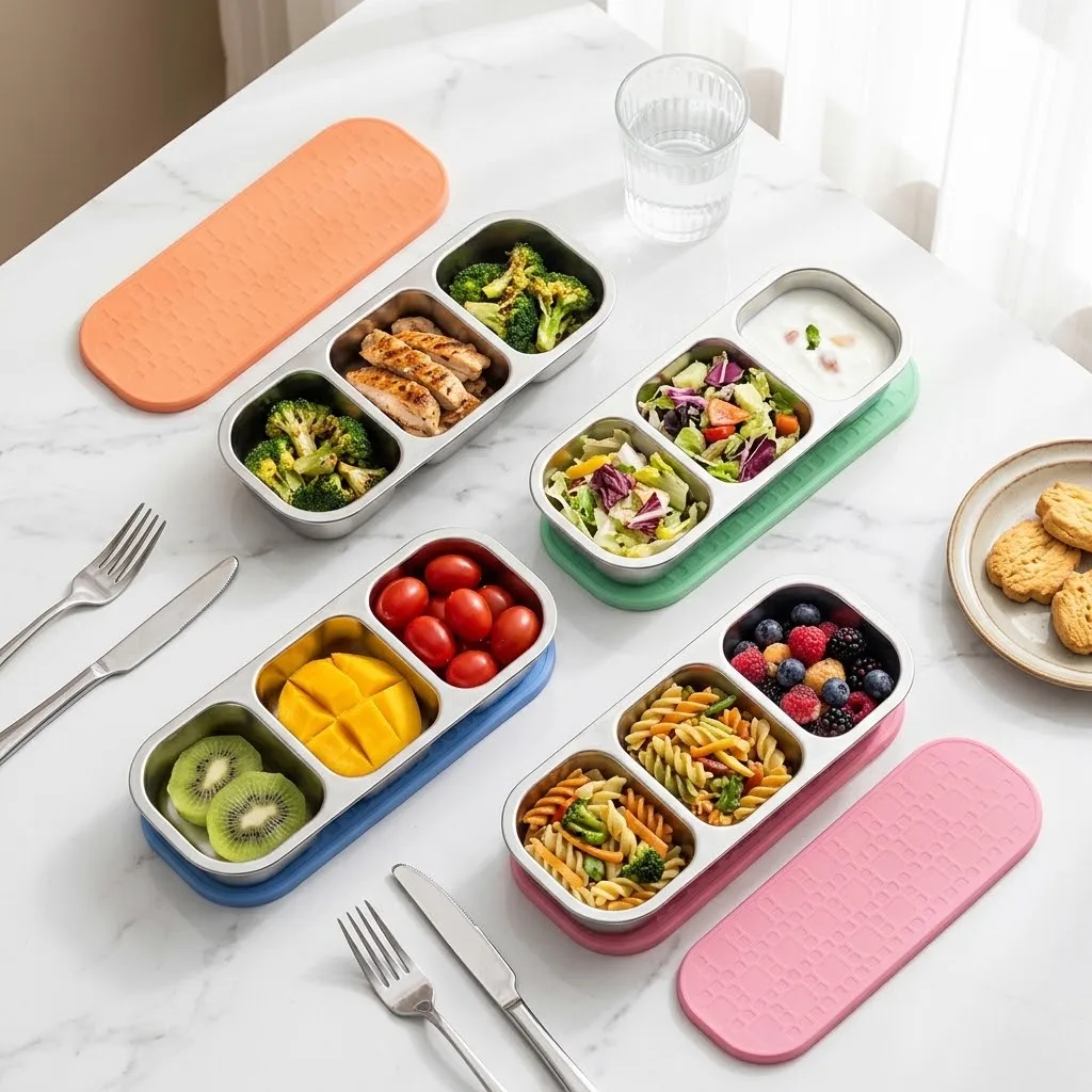3 Compartment Stainless Steel Bento Box Reusable Silicone Lid Portable Divided Food Tray For Kids Adult Picnic Camping Travel
