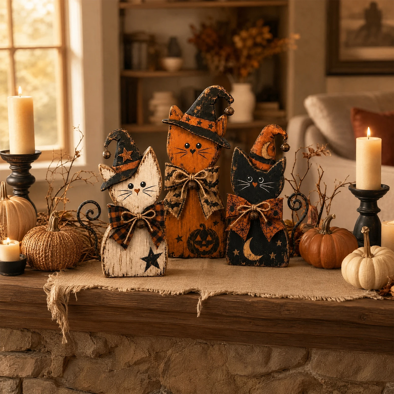 3 Pcs Mantel Tabletop Display Halloween Witch Cat Figurines Autumn Harvest Home Decor Gifts for Halloween Party