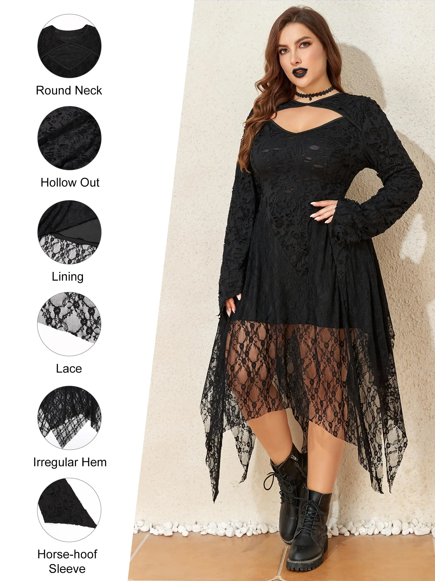 Gothic Style Dark Lace Irregular Hem Women\'s Dress Plus Size Hollow Flare Long Sleeve A-line Dress Halloween Party Retro Costume