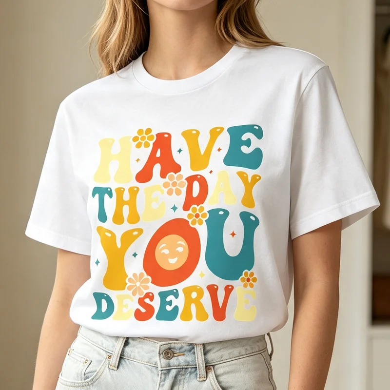 Have The Day You Deserve Smiley Face Positive Quote Retro Lettering T Shirt Graphic Tee Casual Streetwear for Men Women Fashion