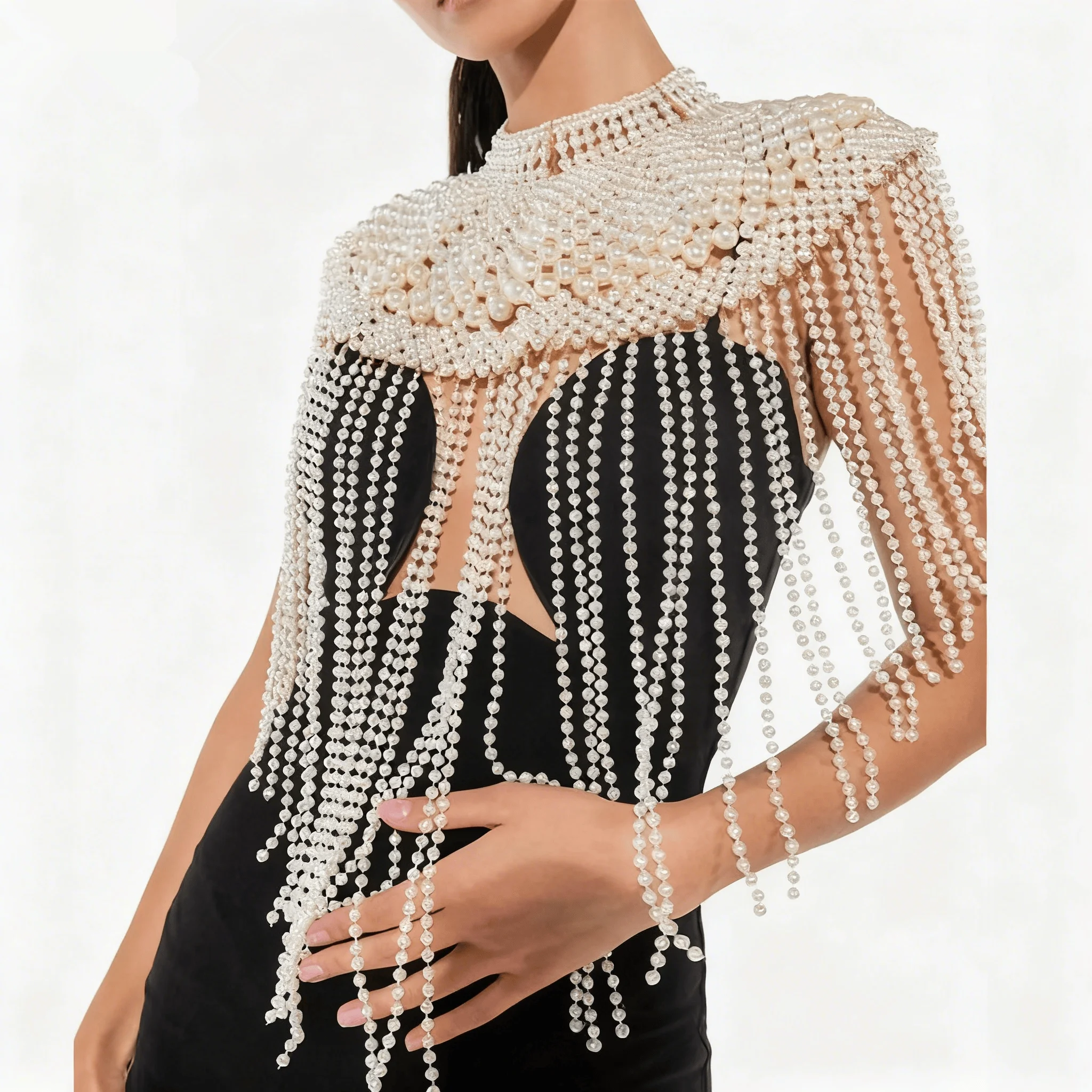 

Wedding Dress Accessory Long Tassel Shoulder Shawl Imitation Pearl Handmade Beading Design Evening Party Styling Accessory