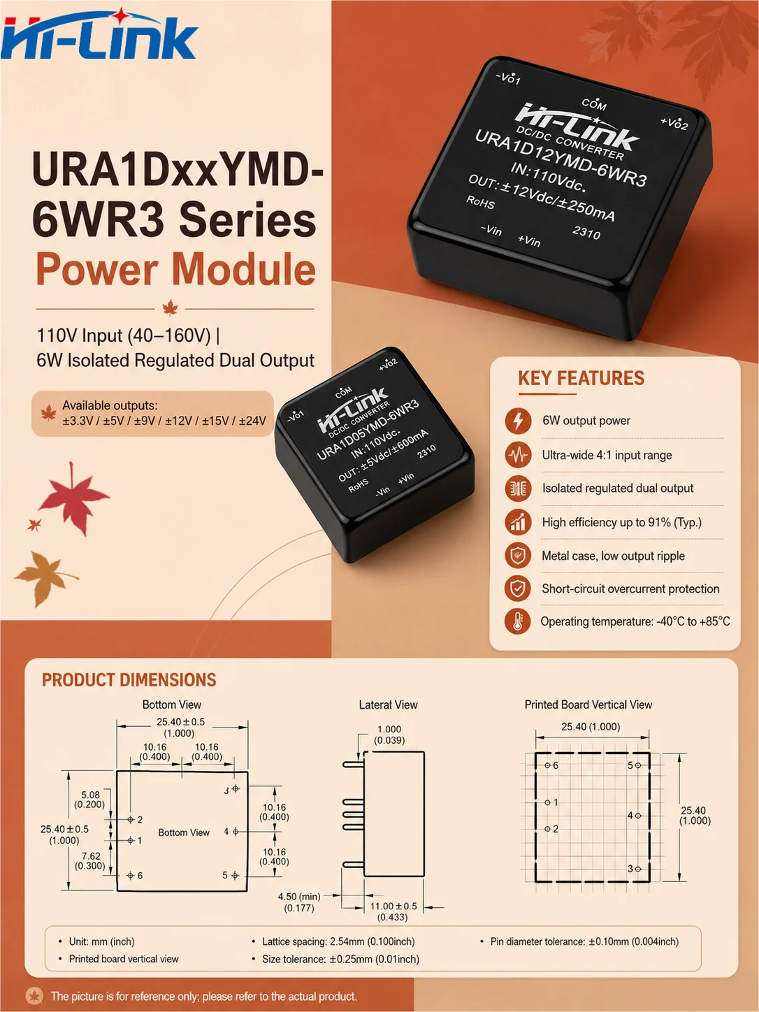 Hi-Link URA1D05YMD URA1D12YMD URA1D24YMD 6W DIP Enclosure 4to1 Ultra Broad Input 1500VDC Barrier 91 Efficient Dual Rail Hardware