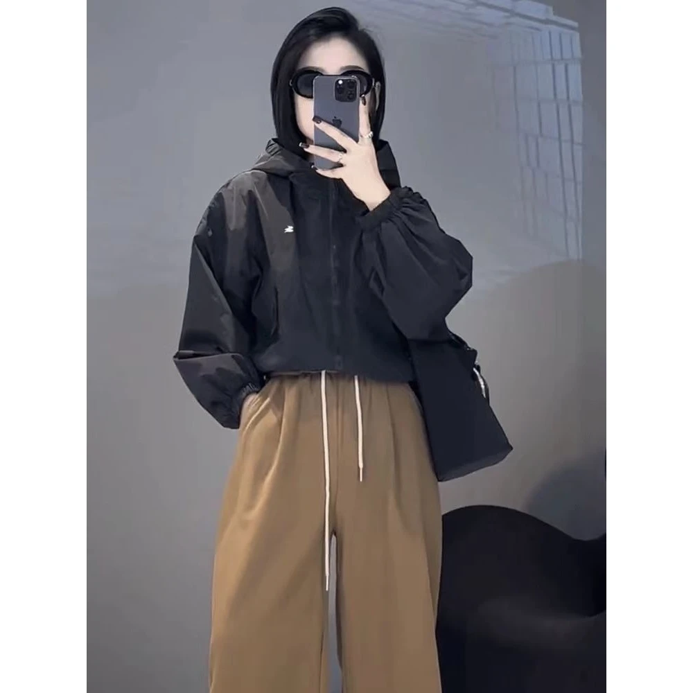 Spring New Short Zipper Hooded Women's Jacket Casual Drawstring Hem Lightweight Comfortable Fit Spring Autumn Sun Protection