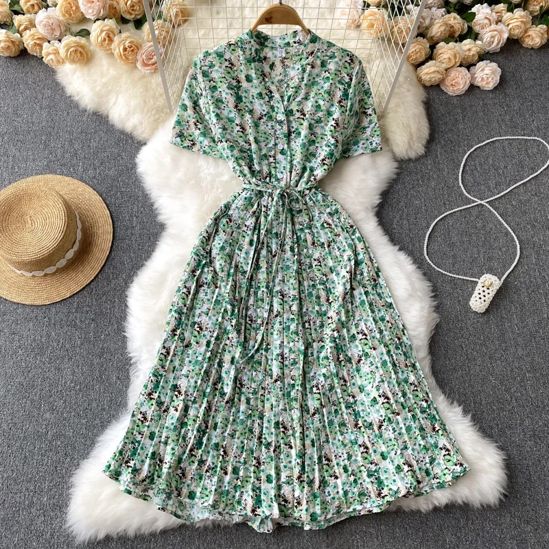 Robe longue à bandes pour femmes, col en v, manches courtes, Slim, Chic, douce, florale, ourlet plissé, robe de vacances, nouvelle collection été 2026