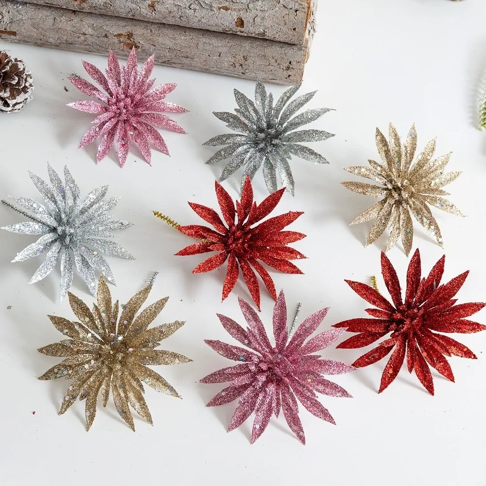 

Glitter Artificial Christmas Flower DIY Handmade Christmas Poinsettia Realistic Plastic Xmas Decorative Flowers Home Party Decor