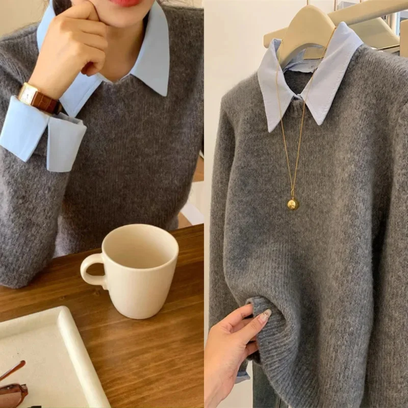 

Color Contrast Sweater Patchwork Shirt Fake 2 Overlapping Women Spring Winter Korea Bottom Sweater Commuter Uniform Size Top New