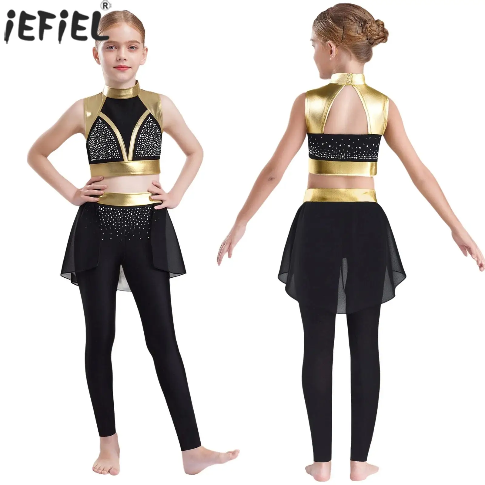 Mädchen-Gymnastik-Ballett-Tanz-Outfits, glänzende Strasssteine, metallisches Crop-Top mit Hosen für Eiskunstlauf-Cheerleading-Performance