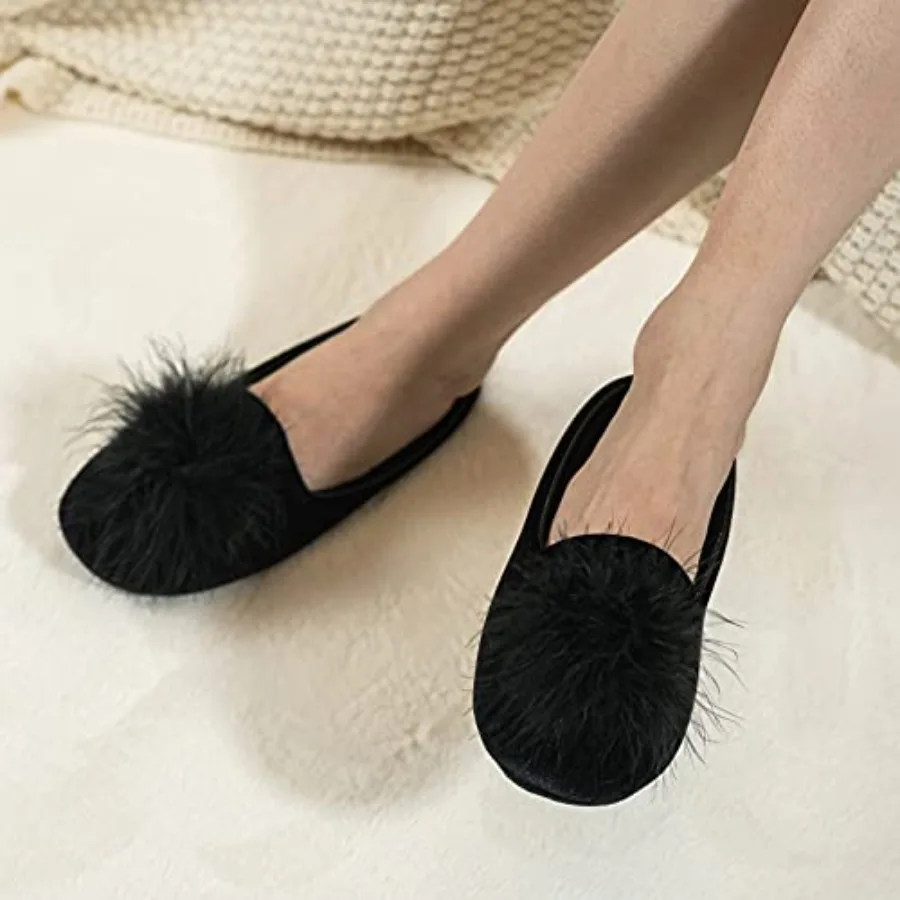 GRITHEIM Women's Fuzzy Pom Pom Velvet Memory Foam House Slippers Ladies Cozy Chenille Knit Bedroom Slippers Non-slip Sole Indoo view 2