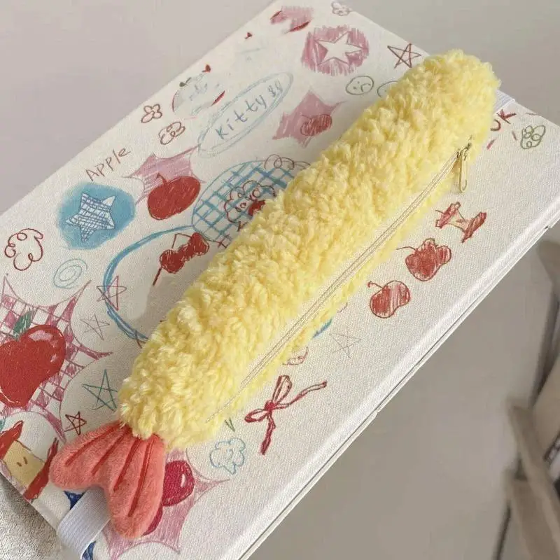 1 Stück super süßes Federmäppchen mit gebratenen Garnelenschwänzen, einlagiger tragbarer Schreibwaren-Organizer mit INS-Stil-Fleece, Schüler-Schreibwaren-Etui – Detail 5