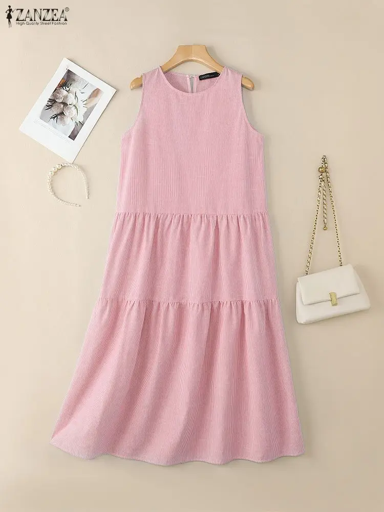 Zanzea verão feminino sem mangas listrado maxi vestido casual o pescoço solto a linha vestidos em camadas moda coreana roupas femininas
