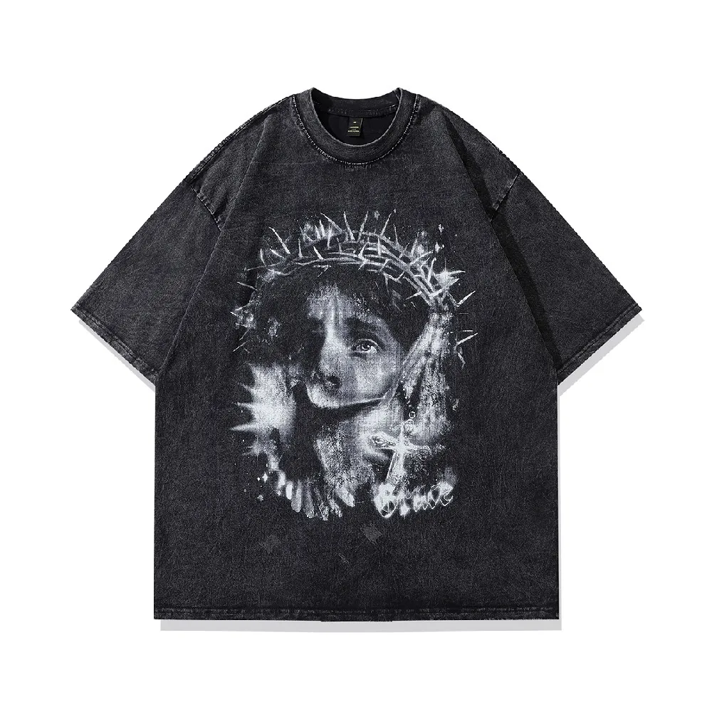 Retro Cross Godness Graphic Women's Oversized T Shirt Aesthetic Plus Size Distressed Summer Goth Tops Streetwear Grunge Clothing