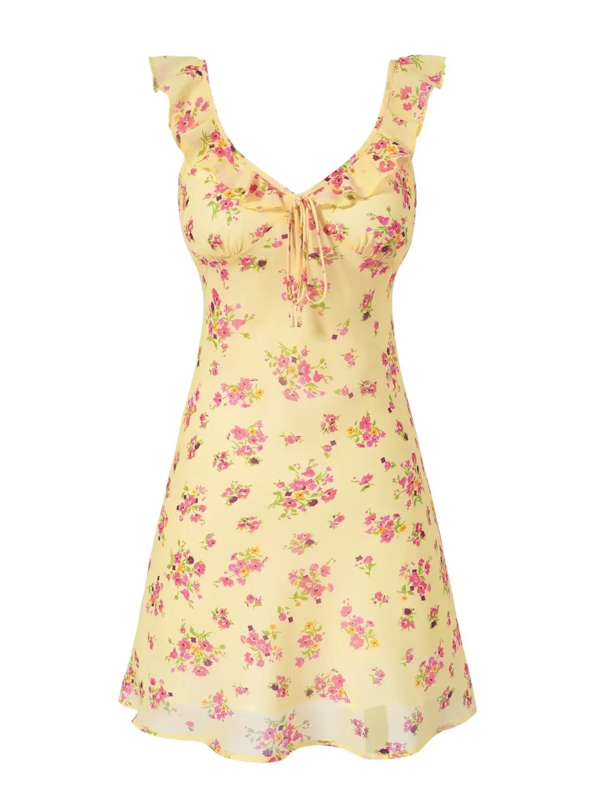 California Sun Double Gauze V-ne Yellow Floral Print Holiday Fi Tail Dr Bal Romantischer Riemen Dr. Sommer Damen D...