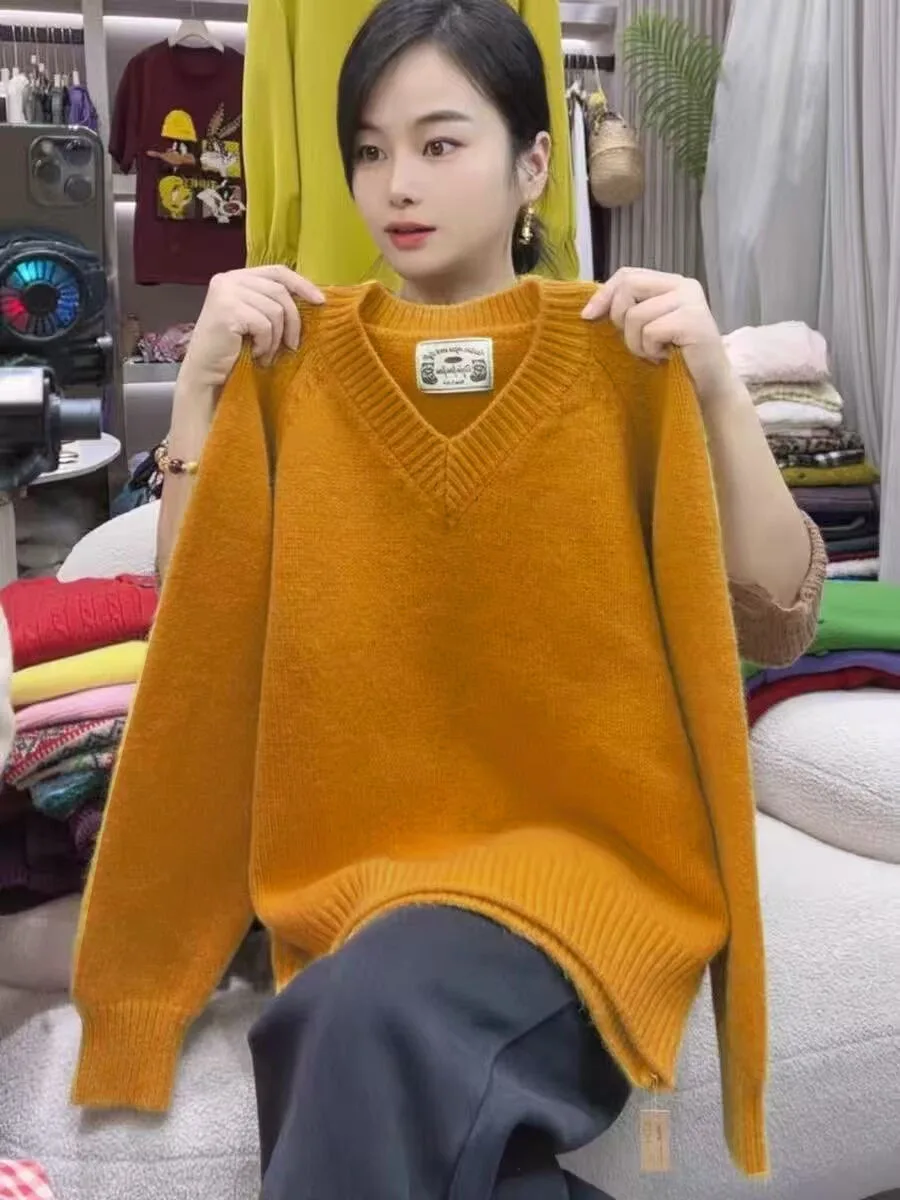 Pull tricoté doux et confortable pour femme, couche de Base Orange v-ne, coupe ample, chaud, automne hiver, Faion, haut Long Sve