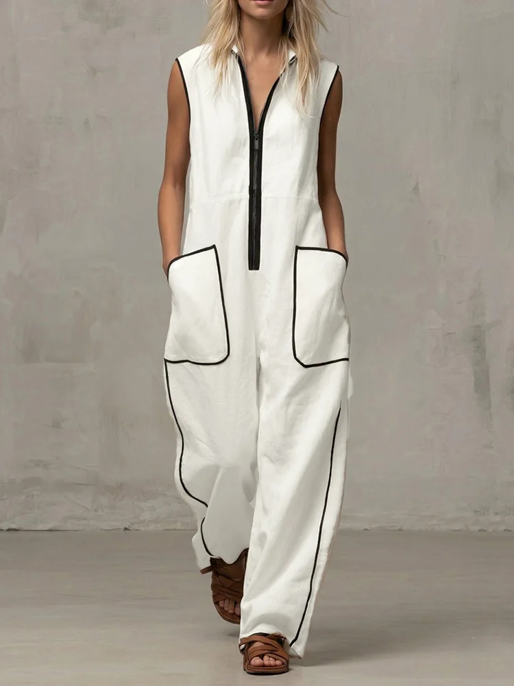 UOOZEE Women White Jumpsuits 2026 New Contrast Color Line Pockets Loose Stand Collar Zipper Casual Vacation Wide Leg Outfits