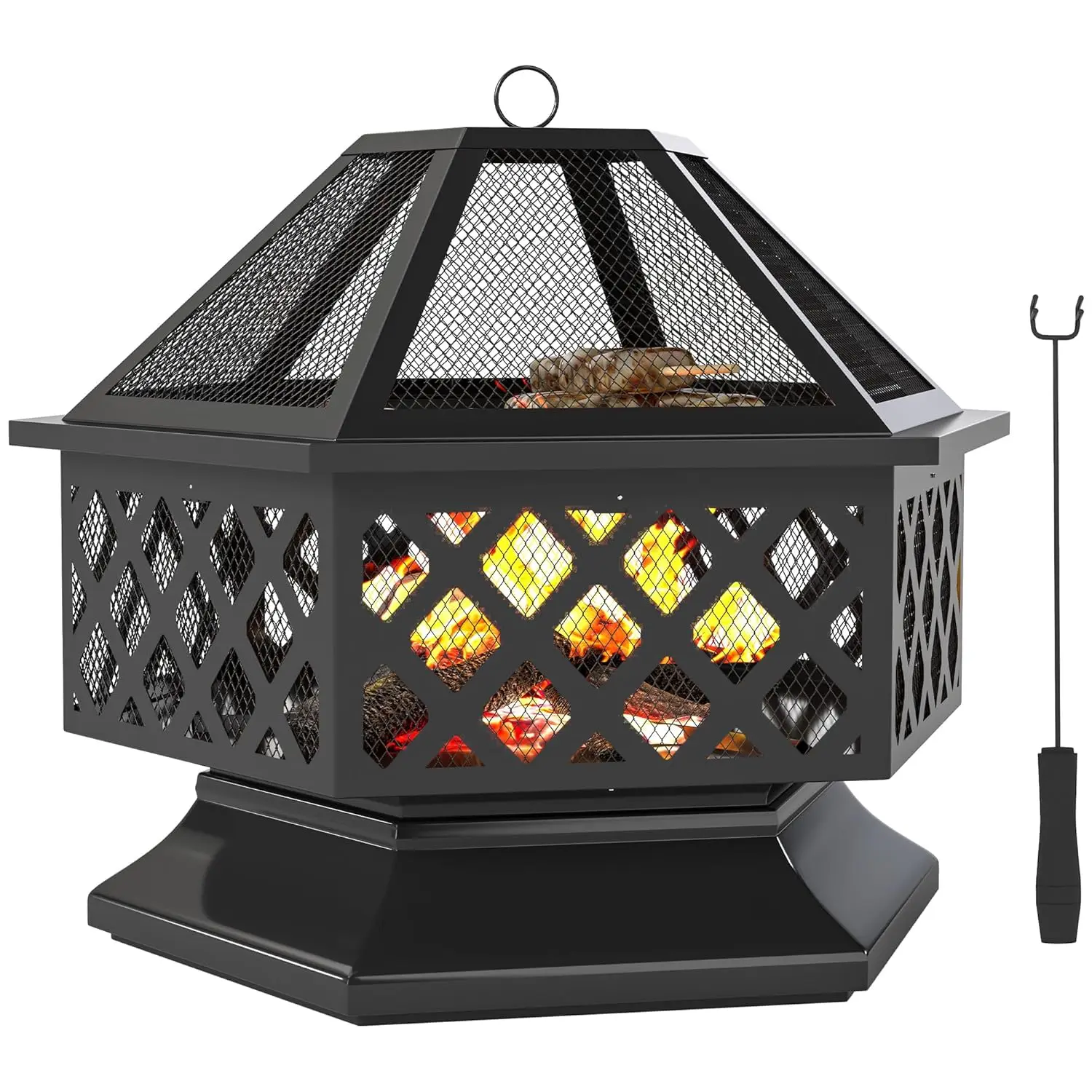 

28" Steel Hexagon Fire Pit Grill Wood Burning with Grate Poker Screen Outdoor Patio Camping, Custom