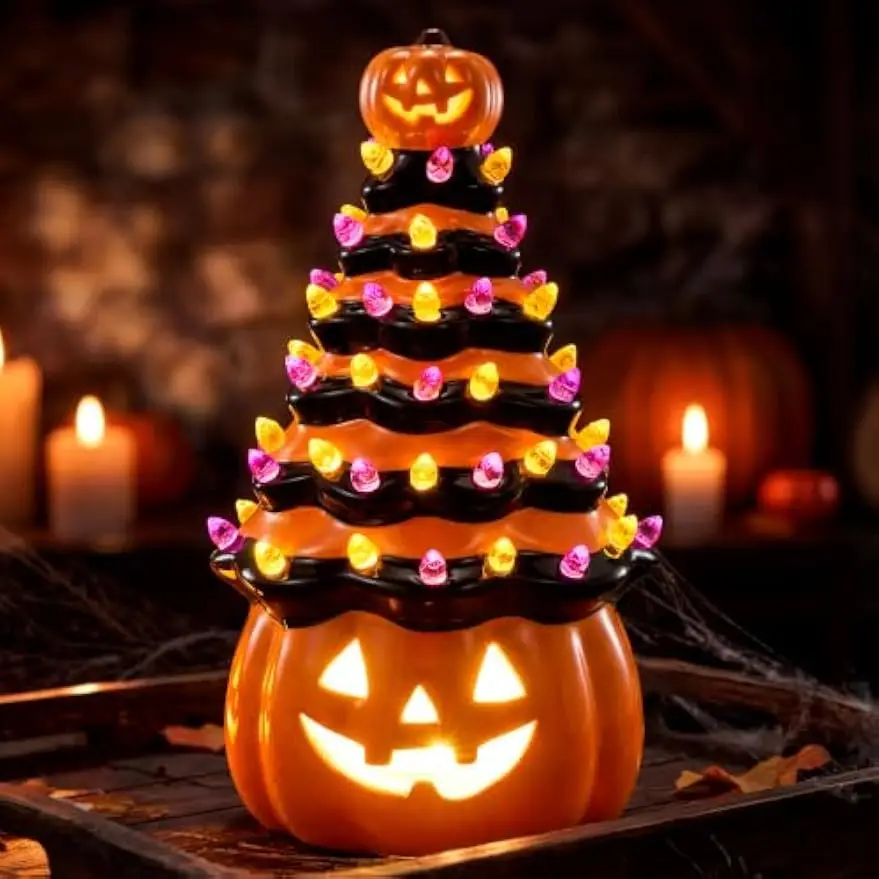 8.5 Inch Halloween Orange Pumpkin Ceramic Tree with Multicolor Bulbs, LED Light Up Battery Operated Spooky Halloween Decor for Indoor Tabletop Mantel Shelf Party Gifts