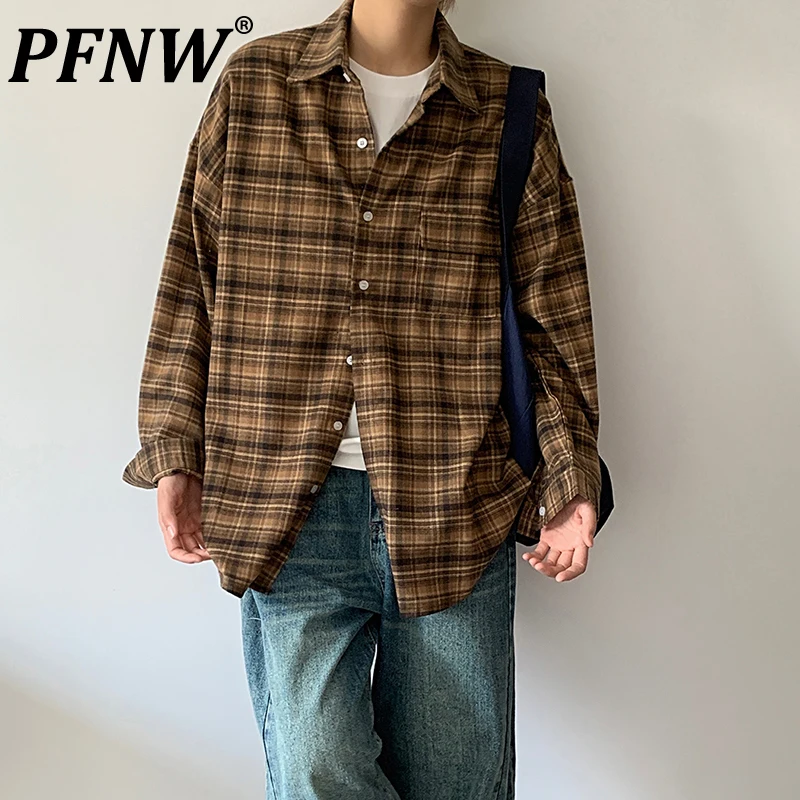 

PFNW Korean Vintage Brushed Plaid Loose Fit Casual Shirts For Men Autumn Winter Thicked Lapel Long Sleeved Tops Trendy 12C1573