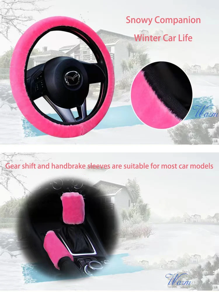 3Pcs Weiche Plüsch Auto Lenkrad Abdeckung Schalthebel Handbremse Abdeckung Schutz Dekoration Warme Super Dicken Plüsch Kragen Weiche schwarz – Detail 4