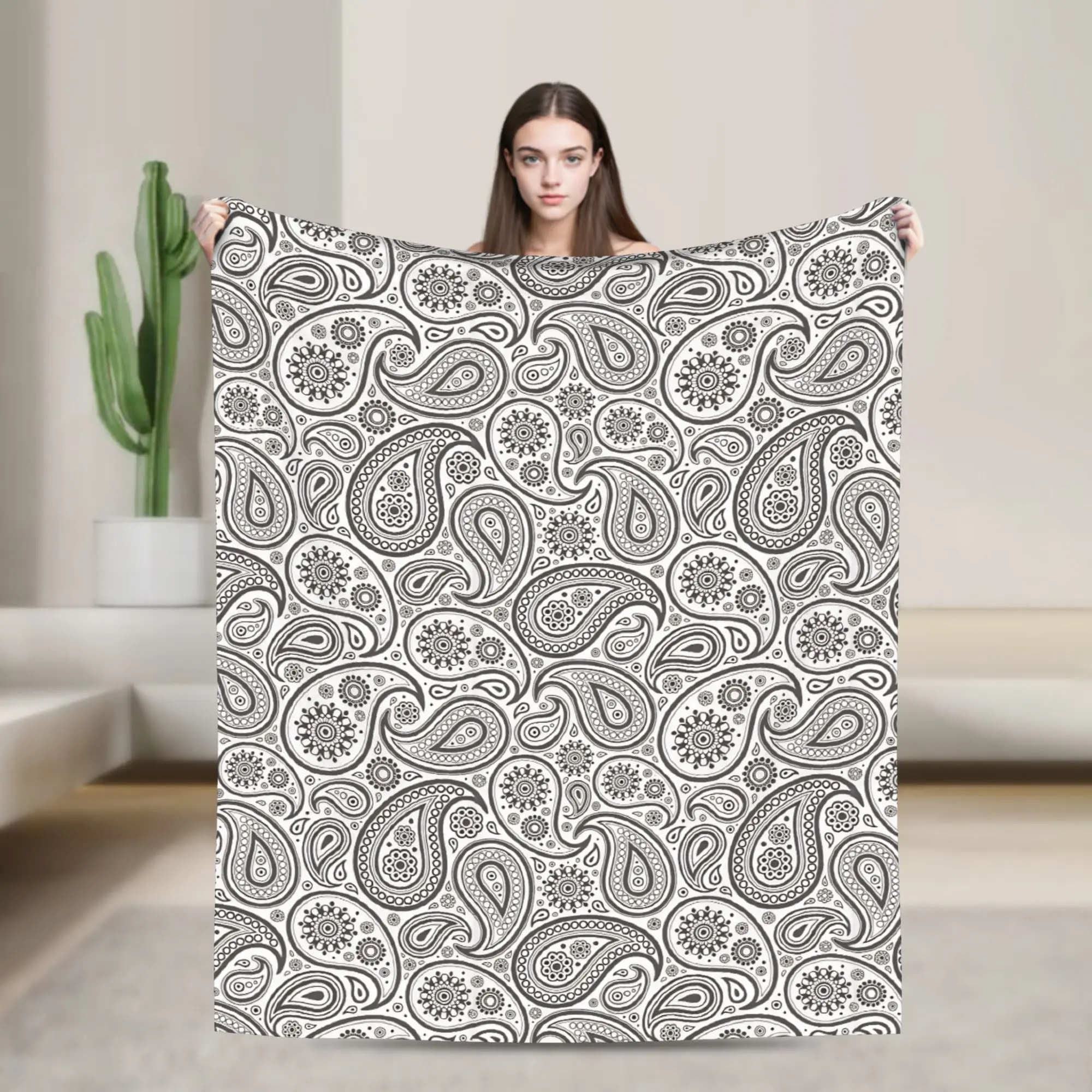 Soft Bedding Throws Travel Classic Paisley Floral Mandala Seamless Pattern Gray White Blanket  Flannel Bedspread For Living Room