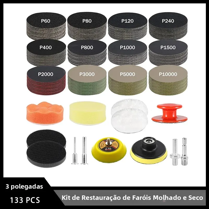 Kit de Restauração de Faróis Úmidos e Secos de 3 Polegadas, 133 Peças, Lixa com Gancho e Laço para Polimento e Lixamento de Superfícies de Madeira, Pedra e Laca