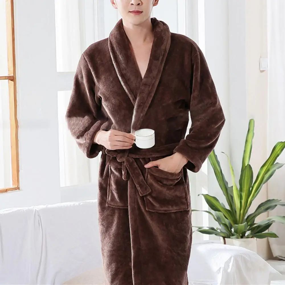 Couple Bathrobe Coral Fleece Open Stitch Solid Color Thicken Tight Waist Bathing Belt Unisex Pockets Winter Bathrobe for Bedroom